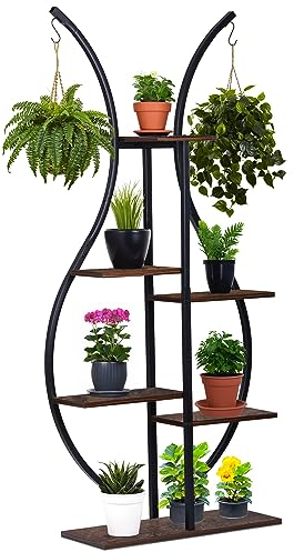 REAWOW Pflanzenständer Halter Indoor Holz Desktop Metall Gestell Pflanzenregal 6-Tier Hölzern Blumenregal Pflanzentreppe Indoor Zimmerecke Wohnzimmer Balkon Terrasse
