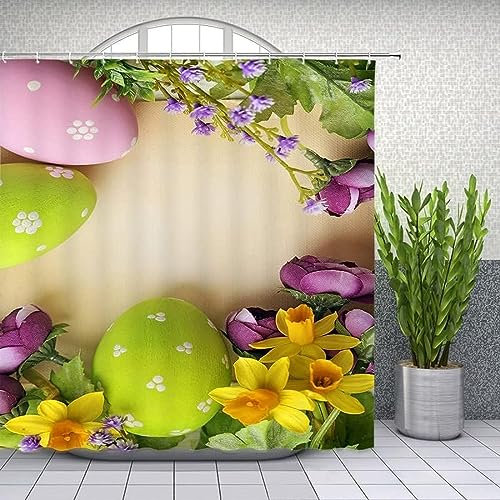 Eggs Extra Long Shower Curtain Mould Resistant Easter Bathroom Curtains Shower 3D Wet Room Shower Curtains 180x200 cm Washable Polyester Fabric Bath Curtain With 12 Hooks