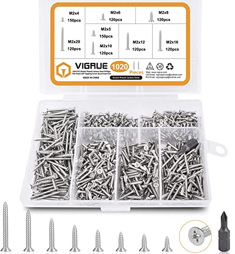VIGRUE 1020 Stück Kleine M2 Holzschrauben Set, Kreuzschlitzschrauben Aus Kohlenstoffstahl und Vernickeltem, Schrauben Set mit 1 Stück Bit in Sortimentskasten