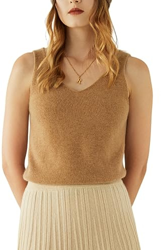 DISSA Women Cashmere Smooth Ribbed V-Neck Vest,Khaki,14