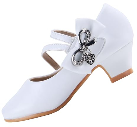 EIGHT KM Scarpe Mary Jane con Tacco Alto da Ragazza Principessa per Matrimonio e Festa EKM7035 Microfibra Pelle Athena Fiocco Metallico Bianco Taglia EU 31