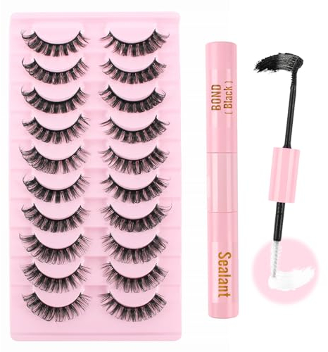 Parriparri Ciglia Finte con Bond and Seal 10 Paia Ciglia Finte Russian Volume Fluffy Russian Strip Lashes Kit with Glue Fake Lashes Set Fatte A Mano False Eyelashes