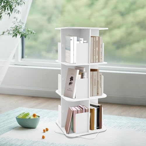 Begoniape Drehbares Bücherregal 3 Stöckig Bücherregal Drehregal Aufbewahrungsregal Standregal Buch/CD/DVD Organizer Multifunktionales Bücherregal 360° Bücherregal für Kinder und Erwachsene (Weiß)