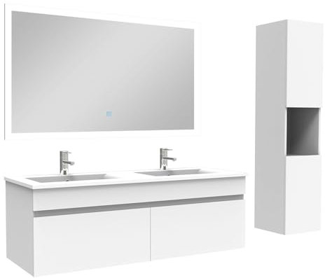 AICA Ensemble Meuble Salle de Bain 120cm avec Vasque + Colonne + Miroir Lumineux dimmable Blanc
