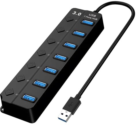 7-Port USB 3.0 Hub Multiport USB Splitter with Individual Switches Lights High-Speed Portable Adapter Extension Data Hub for Apple MacBook iMac PC Windows Laptop Flash Drives Printer and More