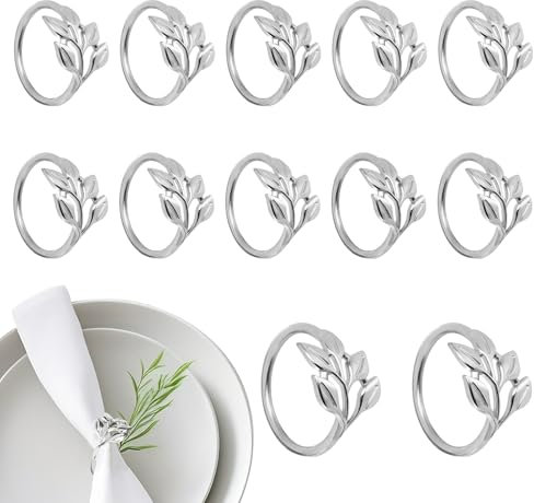 XIMEY 12 Porta Tovaglioli, Portatovaglioli da Tavola, Porta Tovaglioli da Tavolo, Portatovaglioli, Portatovaglioli Argento, Disegni Forma Foglia e Perla, per Matrimoni, Cene (foglie d'argento, s)