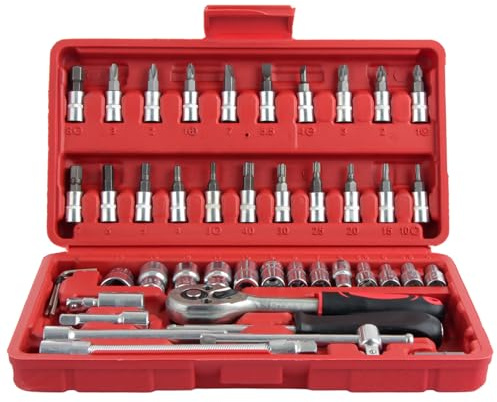 ASelected 46 Pieces 1/4 Inch Drive Socket Set&Tool Sets,CR-V Metric and Imperial Sockets with Quick-Release Ratchet Wrench,Bit Socket Set,Compact Sockets Set for Motor Car Repair with Storage Case