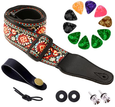 Plektren Plektrum, Gitarrengurt, Gitarren Plektren Baumwollgitarrengurte Vintage bestickt Gitarrengurte mit echtem Leder Enden Gurtschlössern Gitarrenplektren für Bass, Akustik, E-Gitarre (Set E)