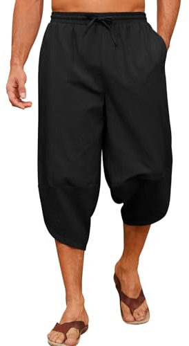 Yuson Girl Pantalon 3/4 Hombre Algodón Casual Anchos Largos Pantalones de Playa Sueltos Ligeros Cordón Elástica Pantalones de Yoga con Bolsillos Uso Diario(Negro, XL)