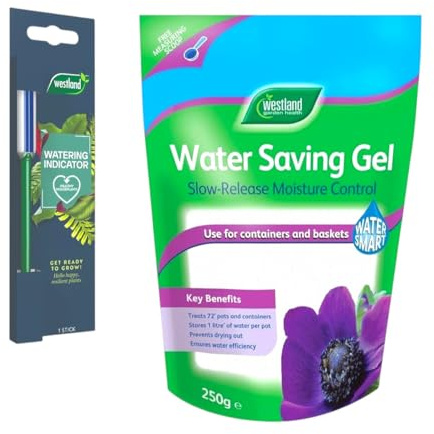 Westland Watering Indicator Stick Easy-to-Read Moisture Sensor Helps with plant watering & Water Saving Gel Slow Release Moisture Control for pots, containers and hanging baskets 250g