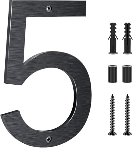 Yafimea numero civico esterno nero 20 cm – In alluminio massiccio con superficie spazzolata, fissaggio a vite con effetto 3D flottante, impermeabile – Per facciata, muro, garage, cancello (5)