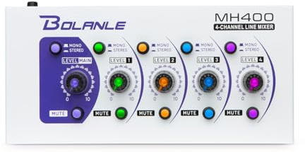 Bolanle MH400 4-Kanal Stereo Line Mixer – Mini Mischpult mit Mono/Stereo Schalter, Mute Funktion, 6.35mm/3.5mm für Gitarre, Bass, Keyboard