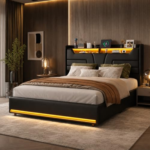 KEFSR Dubbelsäng 140 x 200 cm med RGB-LED, förvaringslåda med gaslyftsystem och USB-portar - Förstärkt struktur med träribbor, svart PU vadderat huvud - utan