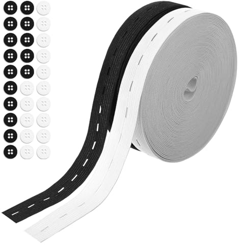 2 Rollen Gummiband mit Knopflöchern (je 10m x 20mm) mit 30 Knöpfen, Hosengummi, Lochgummiband, Gummiband Nähen Schwarz und Weiß zum Hose Enger Machen, Nähzubehör für Umstandsmode & Kinderkleidung
