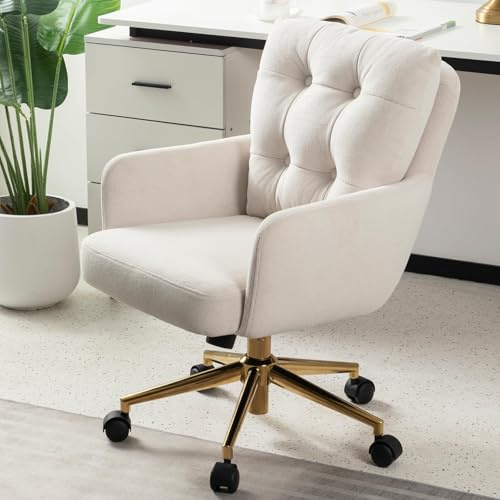 BALIAA Fauteuil de Bureau Chaise Velours, Chaise de Bureau a roulettes avec Accoudoirs, 360° Pivotante Office Chair Beige
