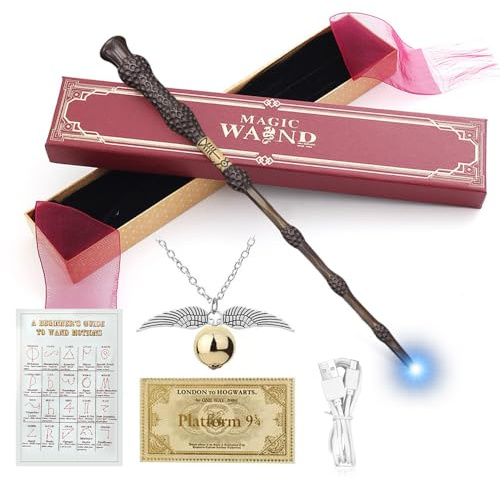Mineup Baguette magique de 38 cm avec lumière, baguette magique avec carte de sorcière, collier, accessoire Wizarding World pour sorcières et magiciens, cosplay de Halloween