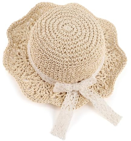 Aiyomimo Strohhut- Weicher Faltbarer Baby Sonnenhut für Mädchen, Atmungsaktive Kappe für Sommer Strand Outdoor Spielen (DE/NL/SE/PL, Alter, 2 Jahre, 5 Jahre, Spitzenschleife-Beige)