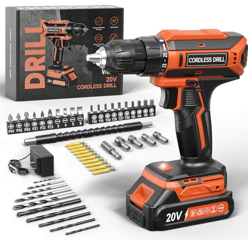 VIWKO Perceuse Visseuse Sans Fil, 20V Visseuse Devisseuse Sans Fil, 25+1 Réglages de Couple, Perceuse-visseuse Max 42Nm Visseuse, LED, jeu de 56 Accessoires pour l'Entretien et le Bricolage, Orange