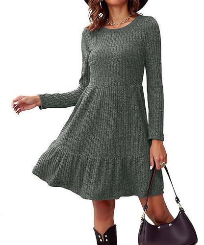 Neteson Strickkleid Damen Herbst Kleider Langarm Knielang Elegant Pulloverkleid Winterkleid Herbst Midikleid Rundhalsausschnitt A-Linie Freizeitkleid Rippenstrick Minikleid Einfarbig Casual