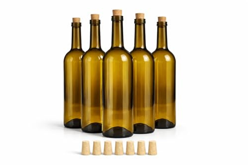 Taninea Botellas Cristal Vacías para Vino 750 ml Ámbar/Canela con Corcho Cónico Natural – Pack 6 – Tipo Bordelesa – Reutilizables para Vino Casero, Licores, Aceites y Vinagres