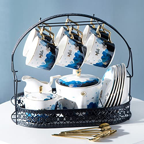 Set da tè in Ceramica Europea da 23 Pezzi per 6 Persone, Set da caffè in Porcellana con Supporto in Metallo, zuccheriera, brocca per Panna, Set da tazzine da ca