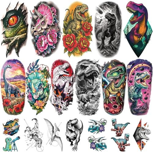 77PCS Dinosaur Temporary Tattoos for Kids, 17PCS Half Sleeve Tyrannosaurus T-Rex Triceratops Temporary Tattoos for Boys, 60PCS Raptor Dino Fake Tattoos for Boys Girl Cosplay Birthday Party Favors