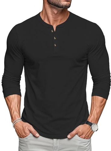 MAGCOMSEN Mens Long Sleeve Top Lightweight Henley Tshirt Soft Cotton Shirt Basic Plain Button T-Shirts,Black,M