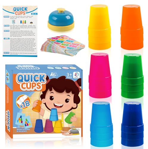 Phlognfy Lot de gobelets empilables pour le sport, avec 1 cloche de table, 54 cartes à jouer, 18 gobelets, pour enfants et adultes