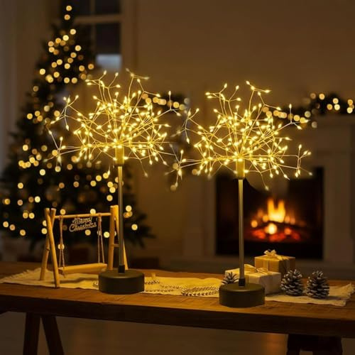 GINGER TECH 2PCS Nest and Flowers Table Lights Fireworks, 120 LED Mini Table Starburst Silver Lights, Firework Centerpiece Light, Battery Operated LED Table Lamp for Christmas Décor