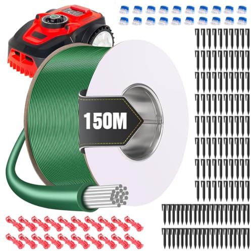 150M Filo Perimetrale Robot Tagliaerba + 120 Picchetti + 20 Morsetti per Cavi + 20 T-Tap Connettore, Cavo Robot Tosaerba Universale Cavo di Limitazione Compatibile con Gardena Bosch Husqvarna Worx
