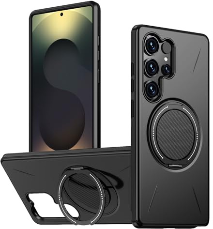 LEHEHE Mobilskal för Samsung Galaxy S22 Ultra / S23 Ultra fodral,kompatibelt med MagSafe och 360°roterande ringställ,stötsäkert skyddsskal i militär stil av PC + TPU-Svart