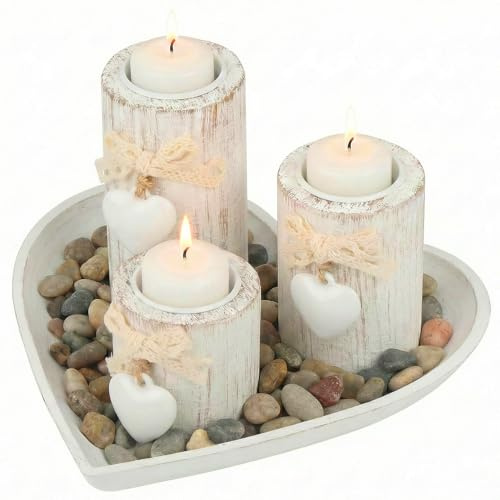 MOTIBACK 4-teiliges Holzdeko Kerzenhalter Set mit Herzförmigem Tablett | Vintage Kerzenständer Holz für Tisch Deko Wohnzimmer, Badezimmer, Einweihungsgeschenke, DIY Herz Anhänger