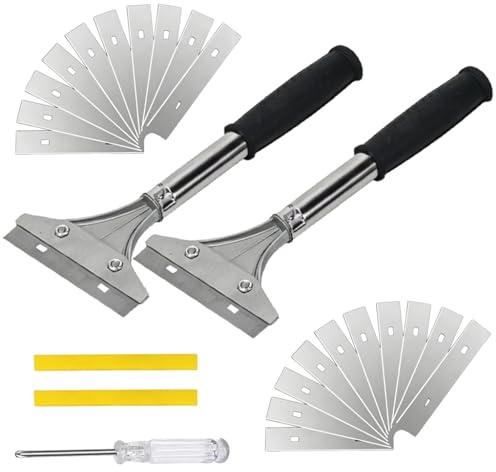 Raspador de cristal y raspador de pintura con 20 cuchillas de repuesto, destornillador de cruciforme, rascador plancha para limpieza de placa vitrocerámica y suelo, herramienta de despegar papel