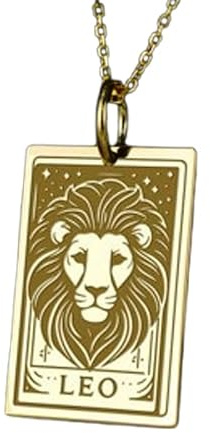 Collar con colgante del signo zodiacal Leo en relieve, hecho de plata de ley 925 con baño de oro, cadena de eslabones de 45 cm (18), dije rectangular para joyería unisex hecha a mano | WW_EMBO_00427