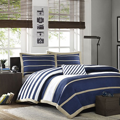 Intelligent Design Ashton Duvet Modern Casual Vibrant Colorblock Design All Season Comforter Cover Teen Bedding, Boys Bedroom Décor, Full/Queen, Khaki/Navy 4 Piece