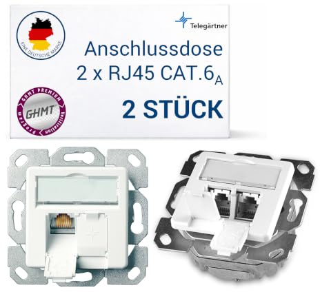 TELEGARTNER Anschlussdose AMJ45 Cat.6A Unterputz geschirmt ohne Rahmen | Geringe Einbautiefe 34mm, flexible 8-fach Kabeleinführung, vollgeschirmt mit 360° Schirmkontakt, PoE-fähig, Überbiegeschutz