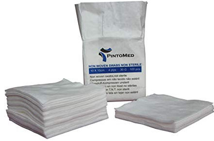 PintoMed - Compressa in TNT, Tessuto Non Tessuto, Tamponi di garza - non sterile, 4 ply, 10 cm x 10 cm, Pack 100