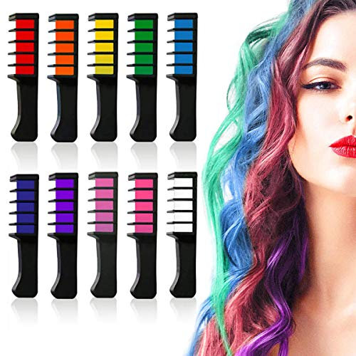 10 Color Temporary Bright Hair Chalk Comb Set - Birthday Gifts Halloween Costume Cosplay Party Favors for Girls Kids Adults