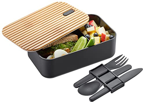 GEFU Lunchbox Enviro 1l - Auslaufsichere Brotdose mit Besteck-Set, Grau | Bento Box für Kinder & Erwachsene - Inklusive Trennsteg & Fixierband - Luftdichter Verschluss - Spülmaschinenfest