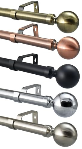 28mm Extendable Eyelet Curtain Pole Metal Ball Brushed Chrome Brass Copper Black Complete Rod Set (Polished Chrome, 110-200cm)