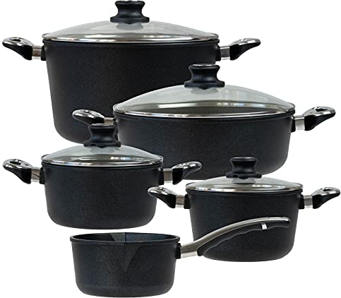 BAF beschichtetes Aluguss Topfset Induktion 9-teilig Bratentopf 20 cm + 28 cm, Kochtopf 20 cm, Gemüsetopf 28 cm & Stieltopf 18 cm