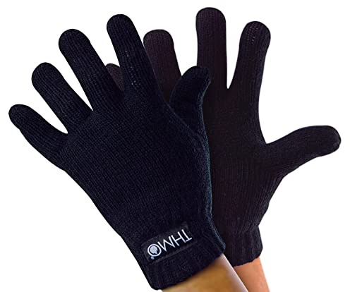 THMO Childrens Thinsulate Gloves for Winter Boys & Girls Knitted Thermal Full Finger Gloves for Kids (10-11 Years, Black)