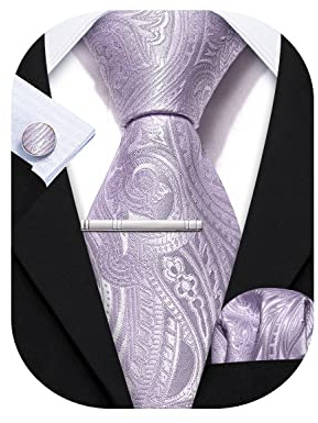 Barry.Wang Men Tie Set Silk 4PC Stripe Paisley Necktie Pocket Square Cufflinks Ties Clip Party Classic Wedding Anniversaries Gift Box