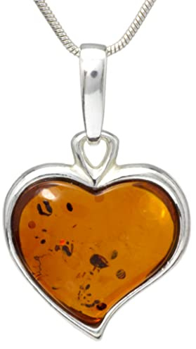 LIGURIUS Ambre Naturel DE LA Baltique Argent Sterling 925 Collier Pendentif Pendentif Coeur en Pierre précieuse pour Femme Taille M et chaîne réglable en Argent Serpent 45 cm - 50 cm, Coffret Cadeau