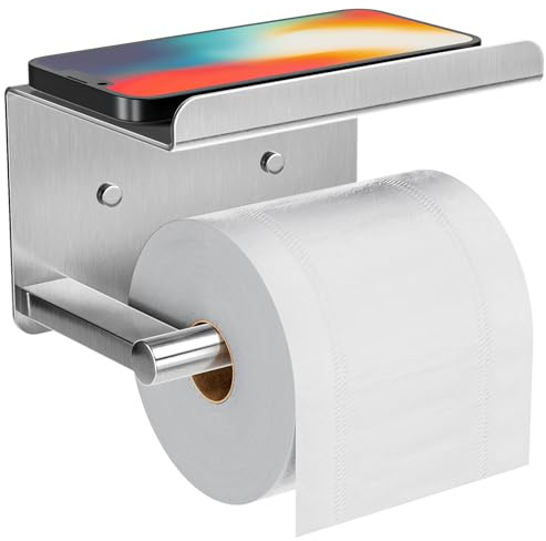 Adhesive Toilet Paper Holder with Shelf, Stainless Steel, Silver
