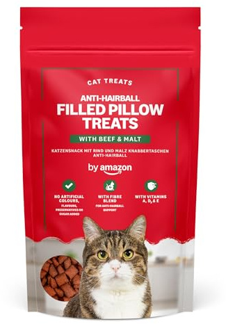 by Amazon - Snack per gatti, crocchette ripiene per ridurre la formazione dei boli di pelo, con manzo e malto, 70 g
