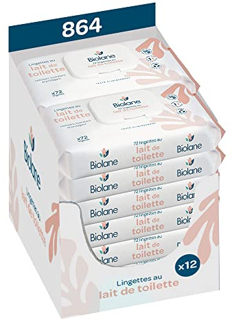 BIOLANE - Lot de 12 paquets - Lingettes bebe au lait de toilette - Bébé - 864 Lingettes bébé - Nettoie et hydrate - Peaux sensibles - 98% d'origine naturelle - Dès la naissance