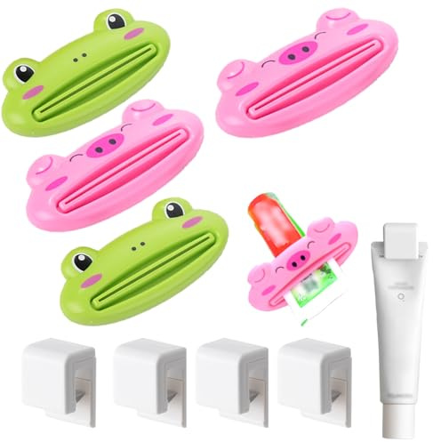 KASESSS 4 Stücke Zahnpasta Tubenquetscher, Zahnpasta Quetscher Plastik, Niedlich Tubenausdrücker, Tubenpresse mit Zahnpasta Halter, Tubenaufroller für Zahnpasta,Gesichtsreiniger,Handcreme(Rosa,Grün)