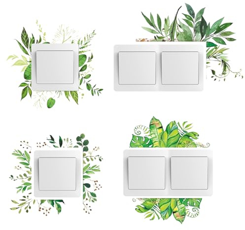 SwirlColor protector pared interruptor luz, 4 pegatinas para la pared de la planta verde, tapas para el interruptor de la lámpara impermeable, pegatinas para el dormitorio de la sala de estar