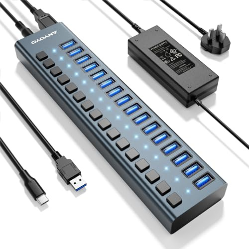 ANYOYO 16-Port USB 3.1 Gen 2 Powered Hub 10Gbps, 90W Aluminium Desktop Data Hub with Individual Switches for PC, Mac Studio, and Gaming Setup